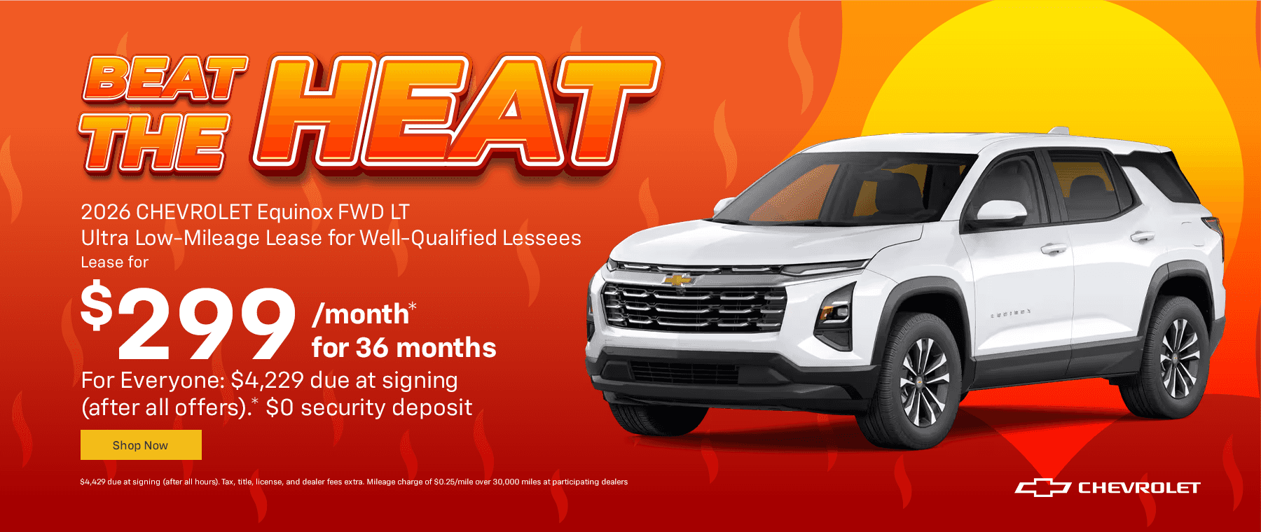 2026 CHEVROLET Equinox FWD LT Ultra Low-Mileage Lease for Well-Qualified Lessees. subtext: $299/month* for 36 months.
