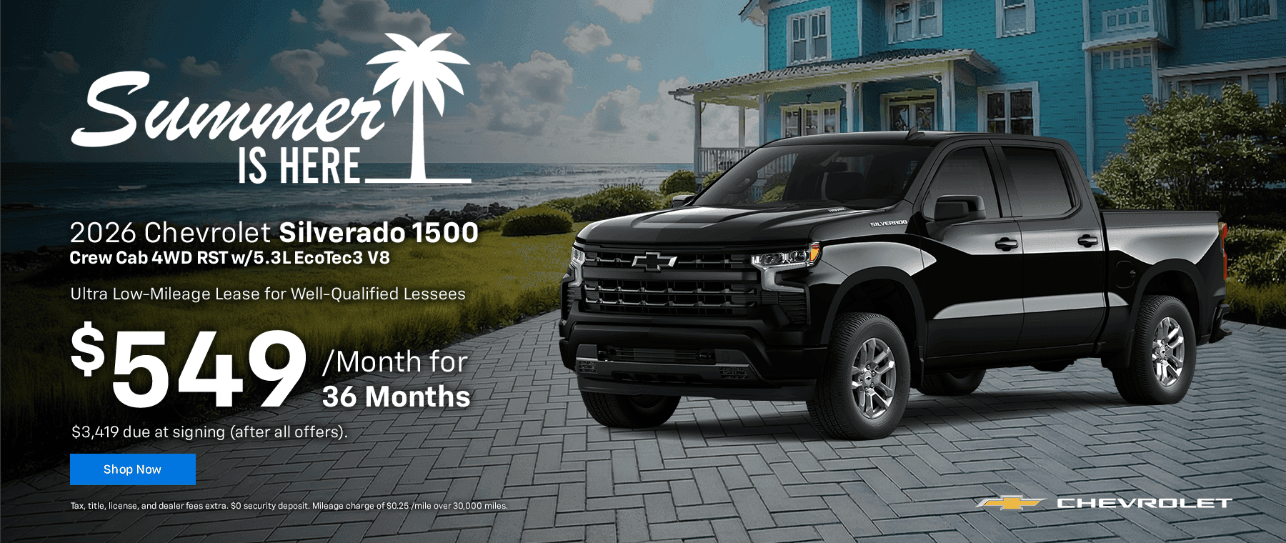 2026 CHEVROLET Silverado 1500 Crew Cab 4WD RST w/5.3L EcoTec3 V8 Ultra Low-Mileage Lease for Well-Qualified Lessees. $549/monthfor 36 months. $3,419 due at signing (after all offers).