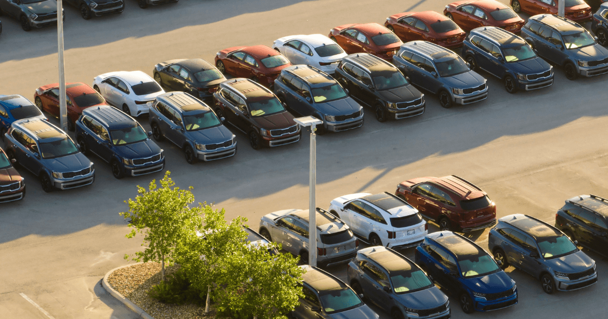 A parking lot of a car dealership