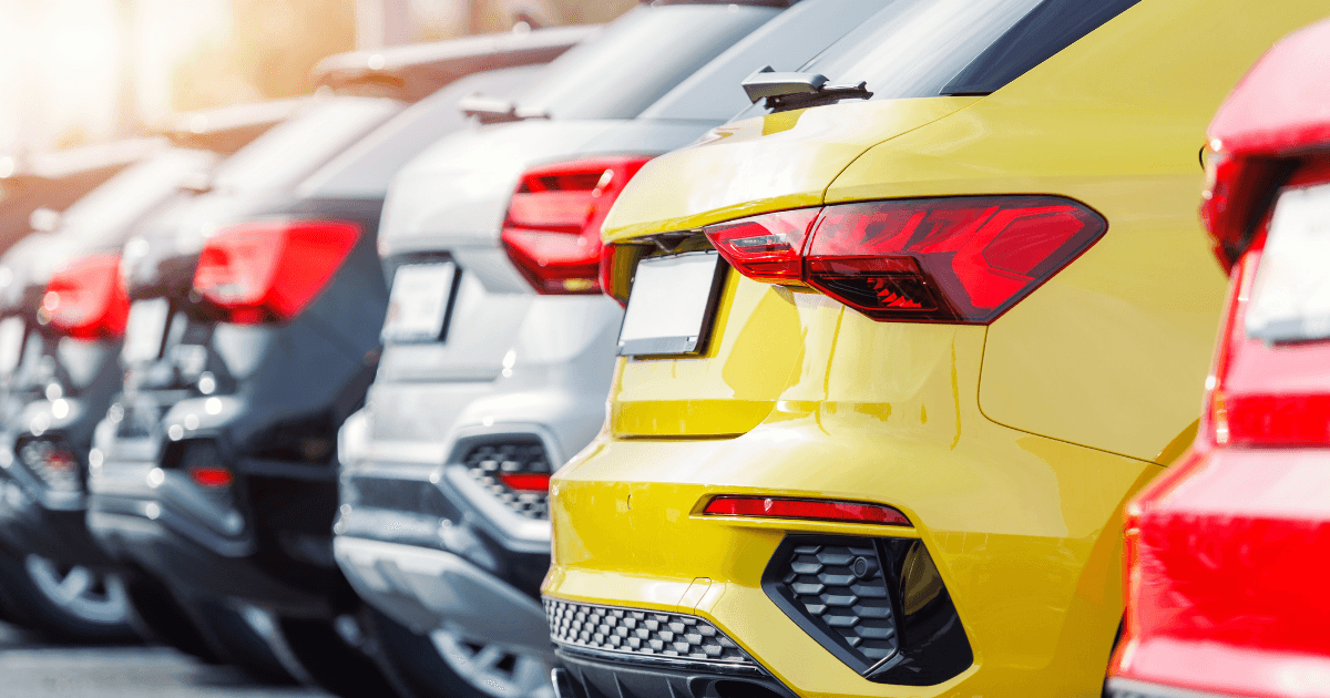Back view of several vehicles in a lineup at a car dealership