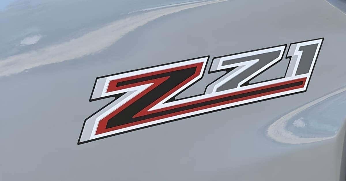 A close-up of a "ZZ1" emblem on a light gray vehicle body. The emblem features bold, angular lettering with a mix of red, black, and gray colors, outlined in white and black for a three-dimensional effect. The reflective surface of the vehicle shows faint sky reflections, suggesting an outdoor setting. The emblem conveys a sporty and rugged aesthetic, likely representing a specific vehicle trim or package.