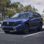 A blue Honda CR-V SUV parked at a soccer field.