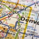 A traditional road map with color-coded highways, zoomed in on the Denver area