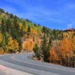 Empty paved Colorado road between hills and trees