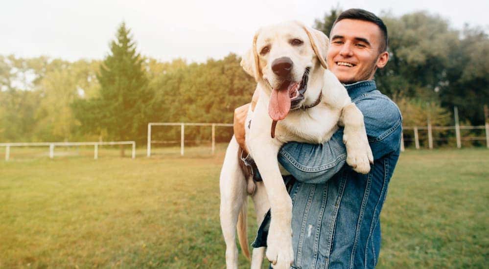 A smiling man in a jean jacket holding his yellow lab in a grassy field