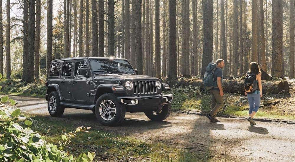 Two hikers walk away from their silver 2020 Jeep Wrangler Unlimited parked on a wooded road