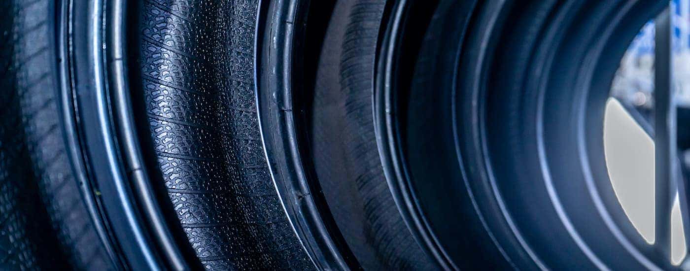 A close up shows the inner beads of a row of Ram tires.