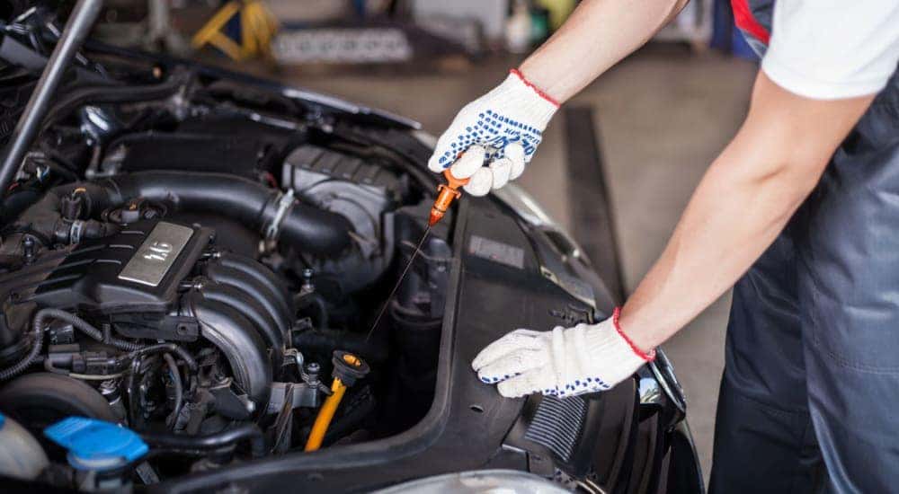 A mechanic is shown checking the oil stick in a vehicle.