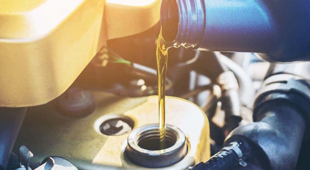 An oil change is shown in close up.