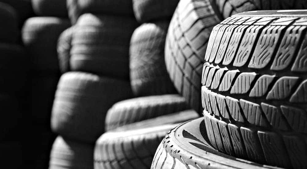 Stacks of tires are shown being stored for the winter.