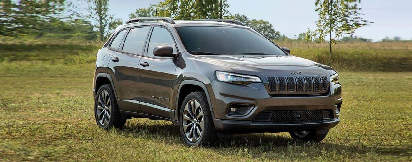 A popular used Jeep Cherokee for sale in Colorado Springs, a grey 2022 Jeep Cherokee, is shown parked in a field.