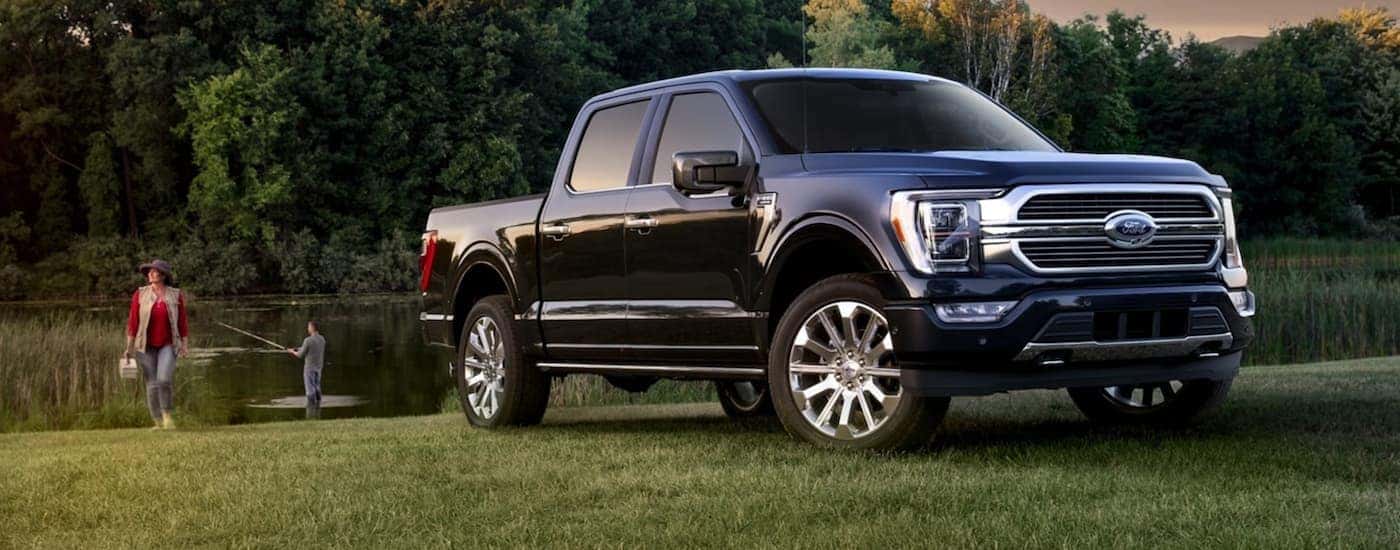 A black 2021 Ford F-150 is shown parked on a grassy area after viewing used Ford trucks near you.