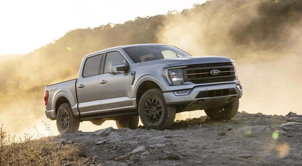 A silver 2021 Ford F-150 Tremor is shown off-roading.
