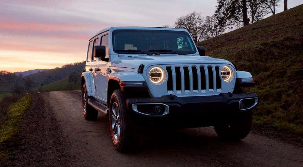 A white 2019 Jeep Wrangler is shown driving on a dirt road.