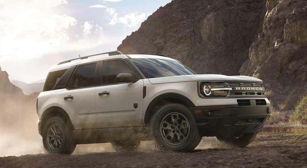 A white 2022 Ford Bronco Sport is shown from the side.