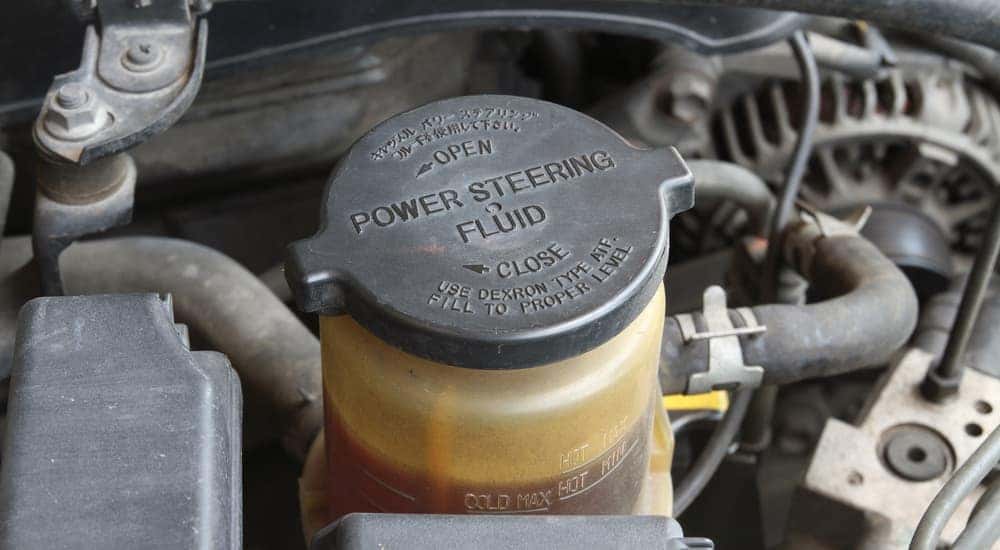 The power steering fluid cap in a car is shown.