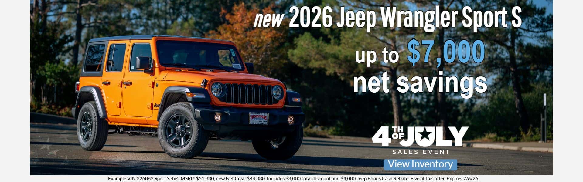 2026 jeep wrangler sport s $7,000 net savings thompsons cdjr placerville