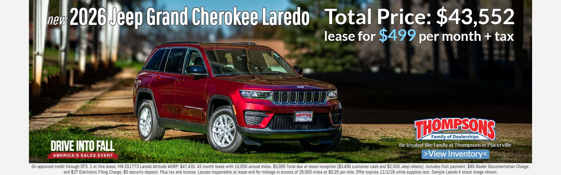 2026 Jeep Grand Cherokee Laredo lease special thompsons Placerville