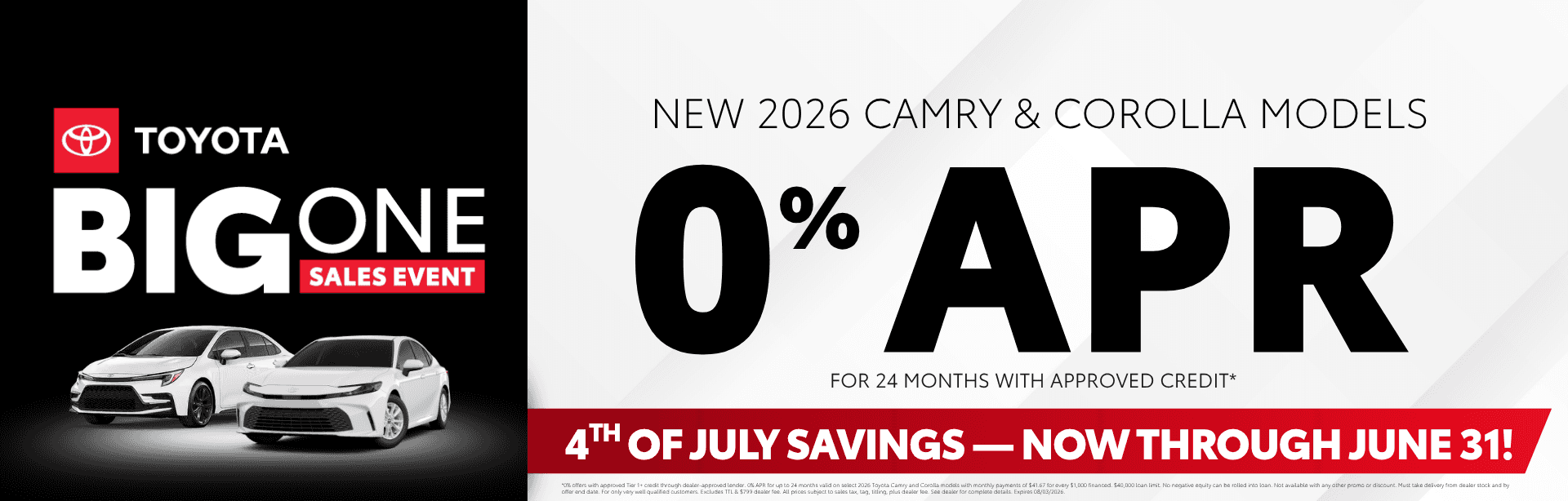 New 2026 Camry & Corolla Models - 0% APR for 24 months with disclaimer