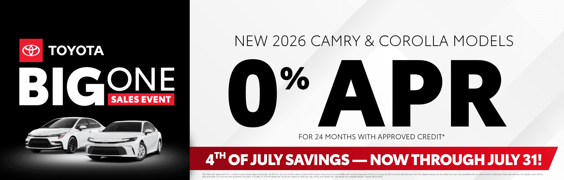 New 2026 Camry & Corolla Models - 0% APR for 24 months with disclaimer