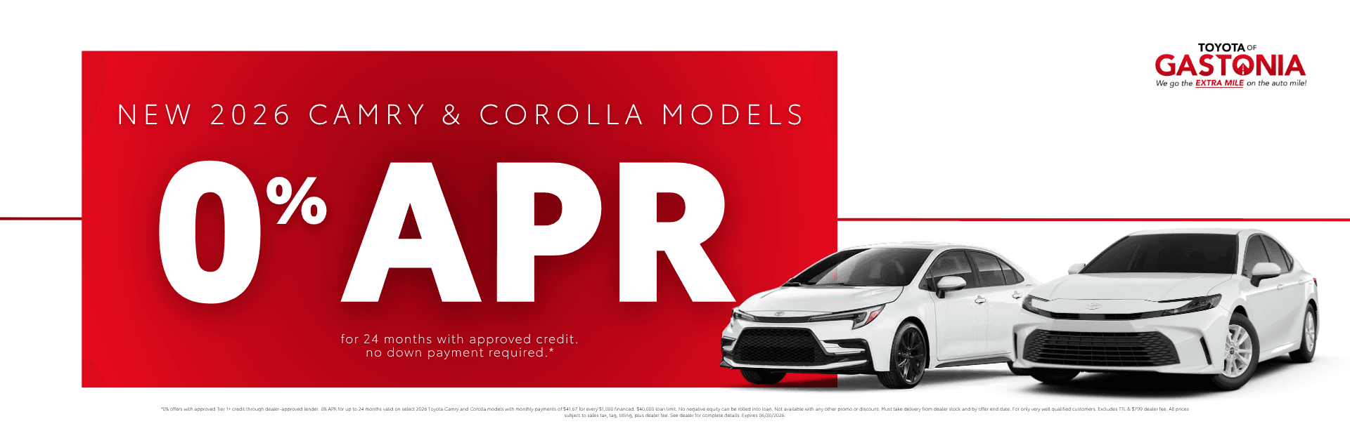 New 2026 Camry & Corolla Models - 0% APR for 24 months with disclaimer