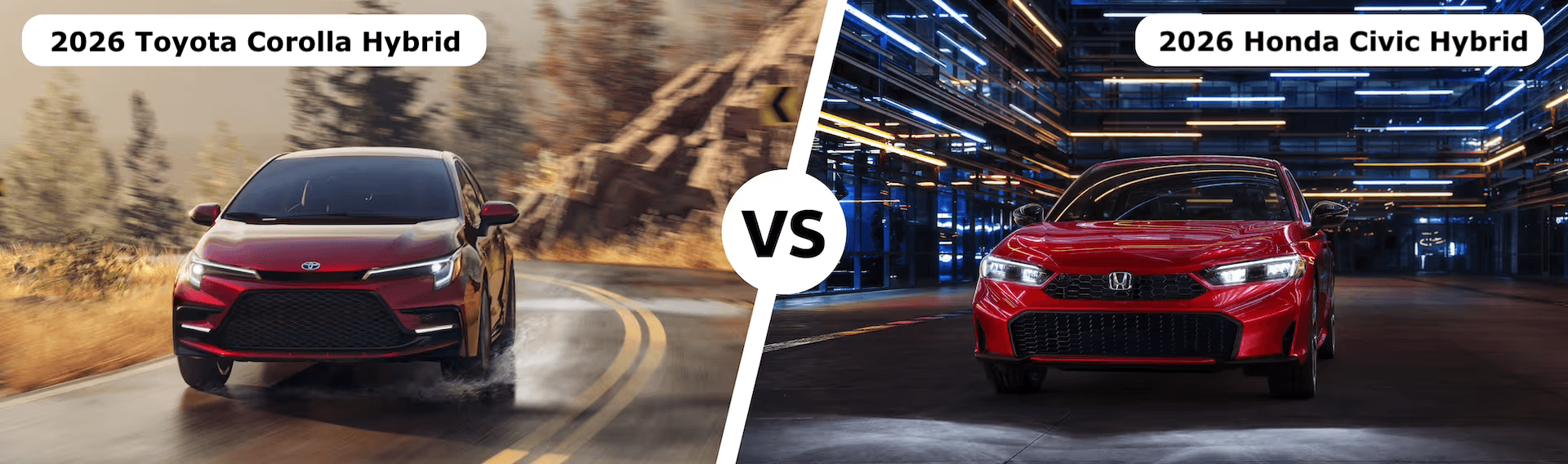 Red Corolla on a damp road and red Civic, with versus text in center