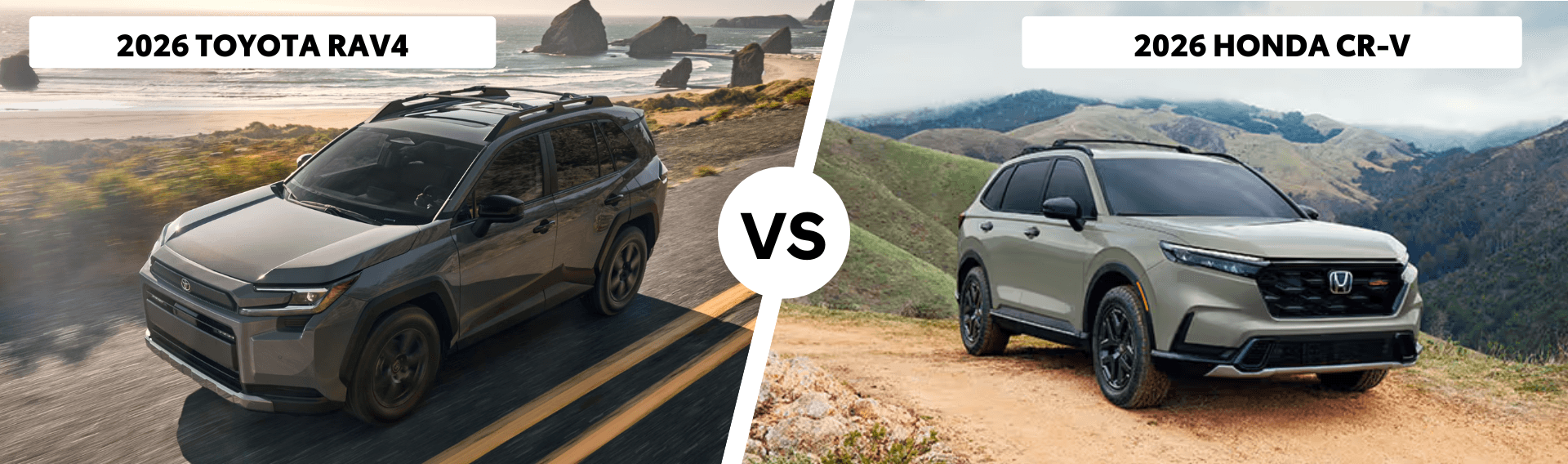 2026 Toyota RAV4 Woodland pictured with 2026 CR-V Trailsport with vs text in center