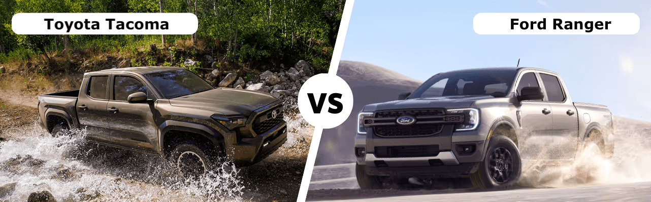 Toyota Tacoma splashing in a stream and a Ford Ranger drifting on sand with versus text between the two