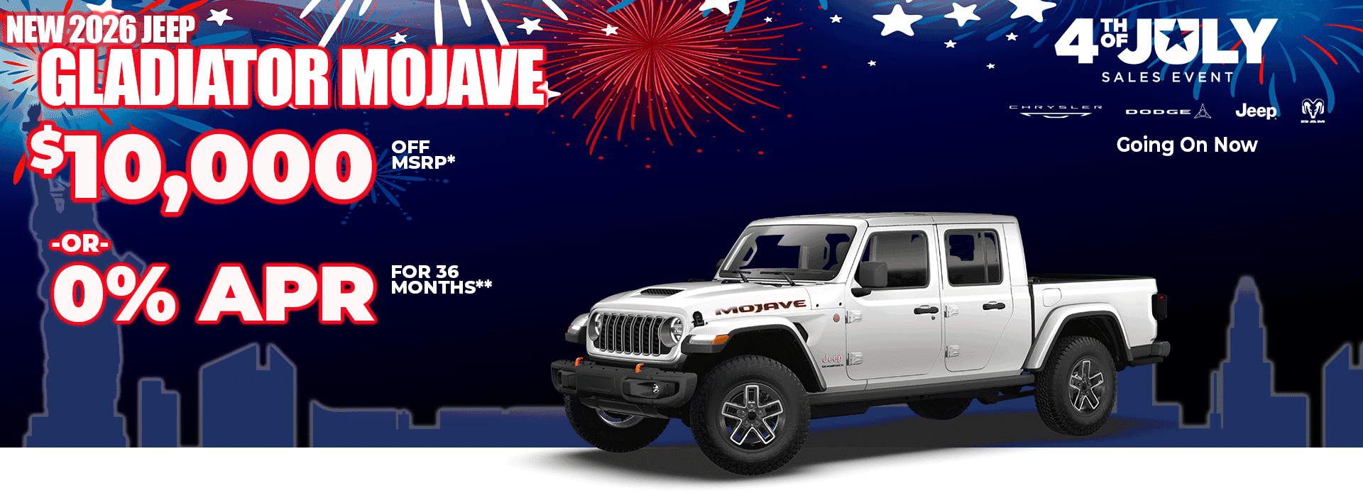 New 2026 Jeep Gladiator Mojave $10,000 OFF MSRP* -or- 0% APR FOR 36 MONTHS**