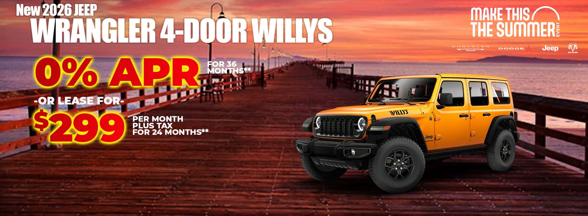 New 2026 Jeep WRANGLER 4-DOOR WILLYS 0% APR FOR 36 MONTHS* -OR- LEASE FOR $299 PER MONTH plus tax for 24 months**