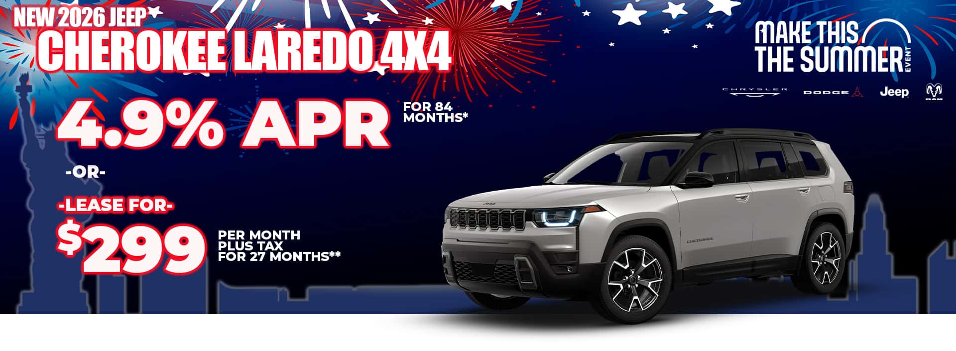 New 2026 Jeep CHEROKEE LAREDO 4X4 4.9% APR for 84 months* -OR- LEASE FOR $299 plus tax for 27 months**