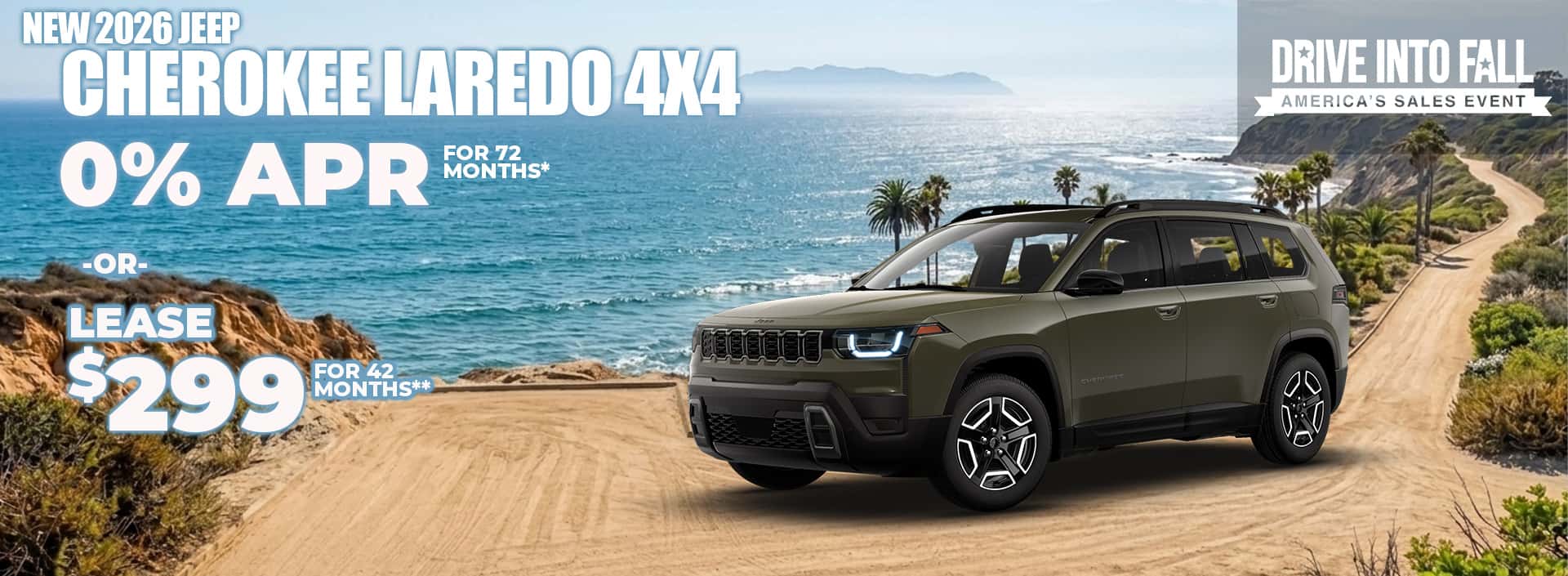 New 2026 JEEP CHEROKEE LAREDO 4X4 0% FOR 72 MONTHS* -OR- Lease $299 for 42 months**