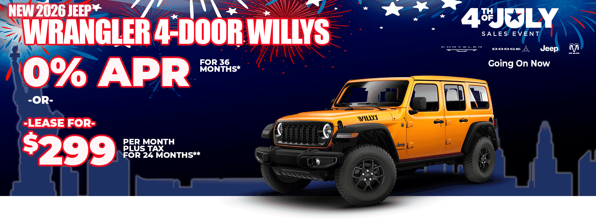 New 2026 Jeep WRANGLER 4-DOOR WILLYS 0% APR FOR 36 MONTHS* -OR- LEASE FOR $299 PER MONTH plus tax for 24 months**
