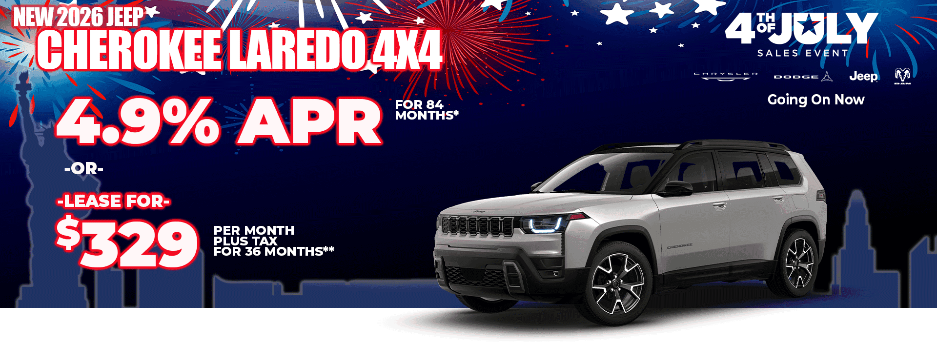 New 2026 Jeep CHEROKEE LAREDO 4X4 4.9% APR for 84 months* -OR- LEASE FOR $329 plus tax for 36 months*