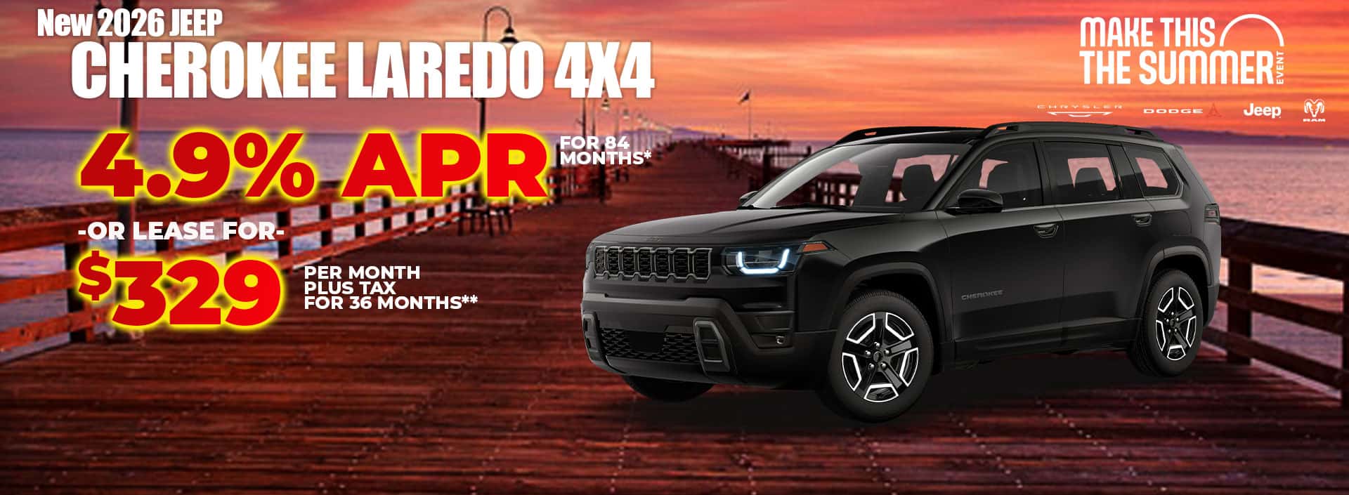 New 2026 Jeep CHEROKEE LAREDO 4X4 4.9% APR for 84 months* -OR- LEASE FOR $329 plus tax for 36 months*