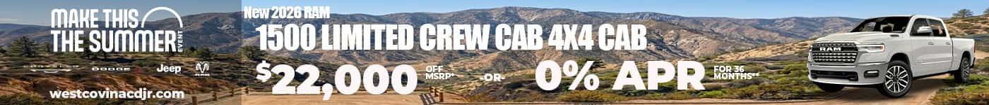New 2026 RAM 1500 Limited Crew Cab 4X4 $22,000 OF MSRP* OR 0% APR FOR 36 MONTHS**