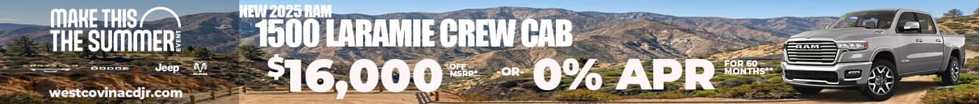 New 2026 RAM 1500 LARAMIE CREW CAB $16,000 OFF MSRP* OR 0% APR FOR 60 MONTHS**