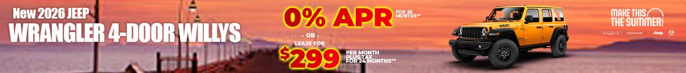 New 2026 Jeep WRANGLER 4-DOOR WILLYS 0% APR FOR 36 MONTHS* -OR- LEASE FOR $299 PER MONTH plus tax for 24 months**
