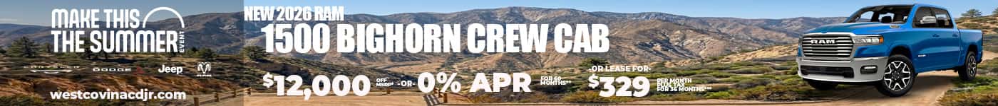 New 2026 RAM 1500 BIGHORN CREW CAB $12,000 OFF MSRP* OR 0% APR FOR 60 MONTHS** OR LEASE $329 FOR 36 MONTHS***
