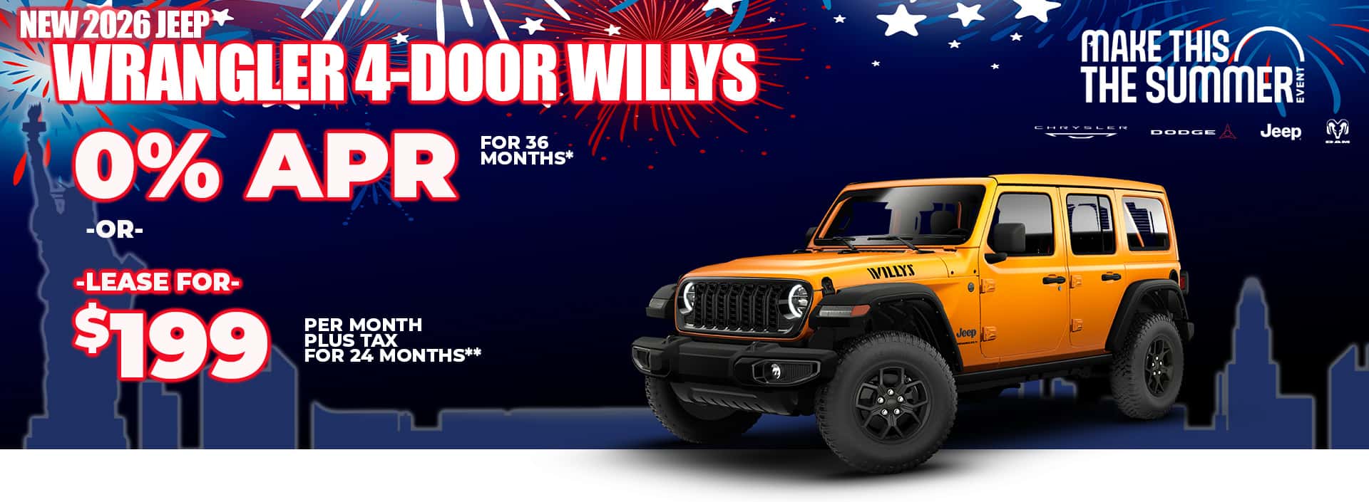 New 2026 Jeep WRANGLER 4-DOOR WILLYS 0% APR For 36 Months* -OR- LEASE FOR $199 PER MONTH plus tax for 24 months**