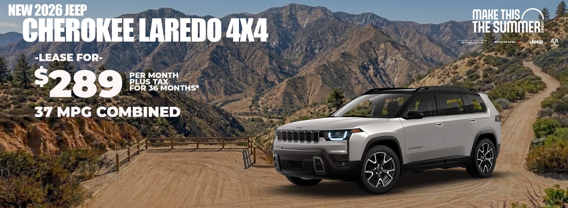 New 2026 Jeep CHEROKEE LAREDO 4X4 Lease $289 for 36 months* 37 MPG combined