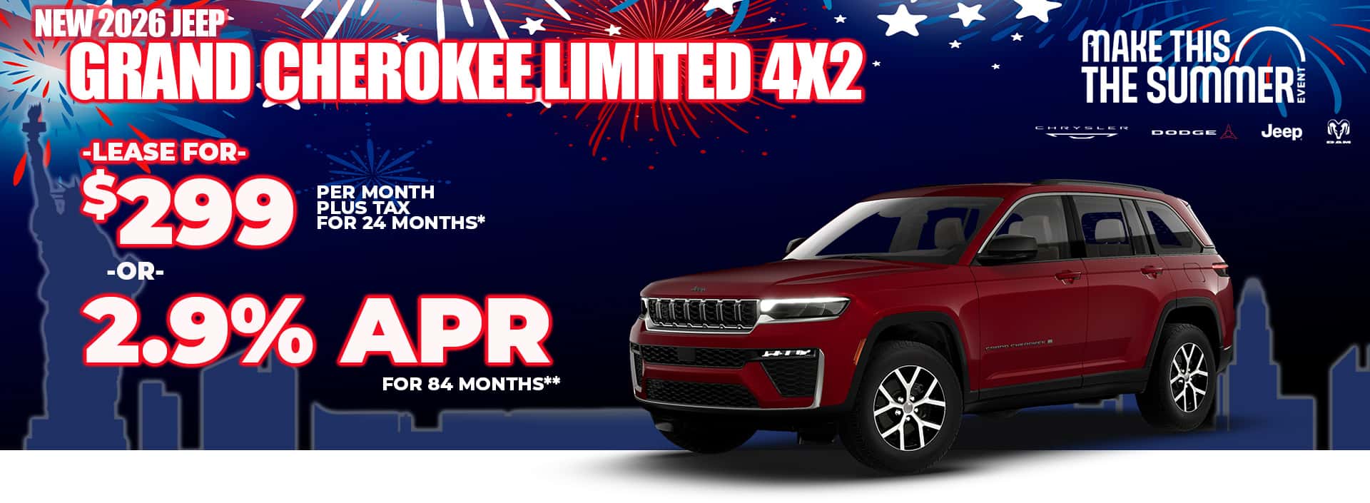 New 2026 Jeep GRAND CHEROKEE LIMITED 4X2 LEASE FOR $299 plus tax for 24 months* OR 2.9% APR for 84 months**