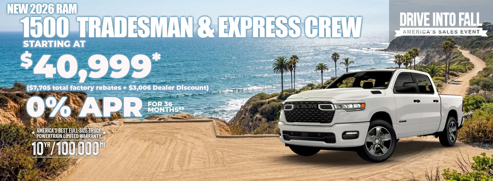 New 2026 RAM 1500 TRADESMAN & EXPRESS CREW CAB STARTING AT $40,999* ($7,705 total factory rebates + $3,006 Dealer Discount) OR 0 % APR FOR 36 MONTHS**
